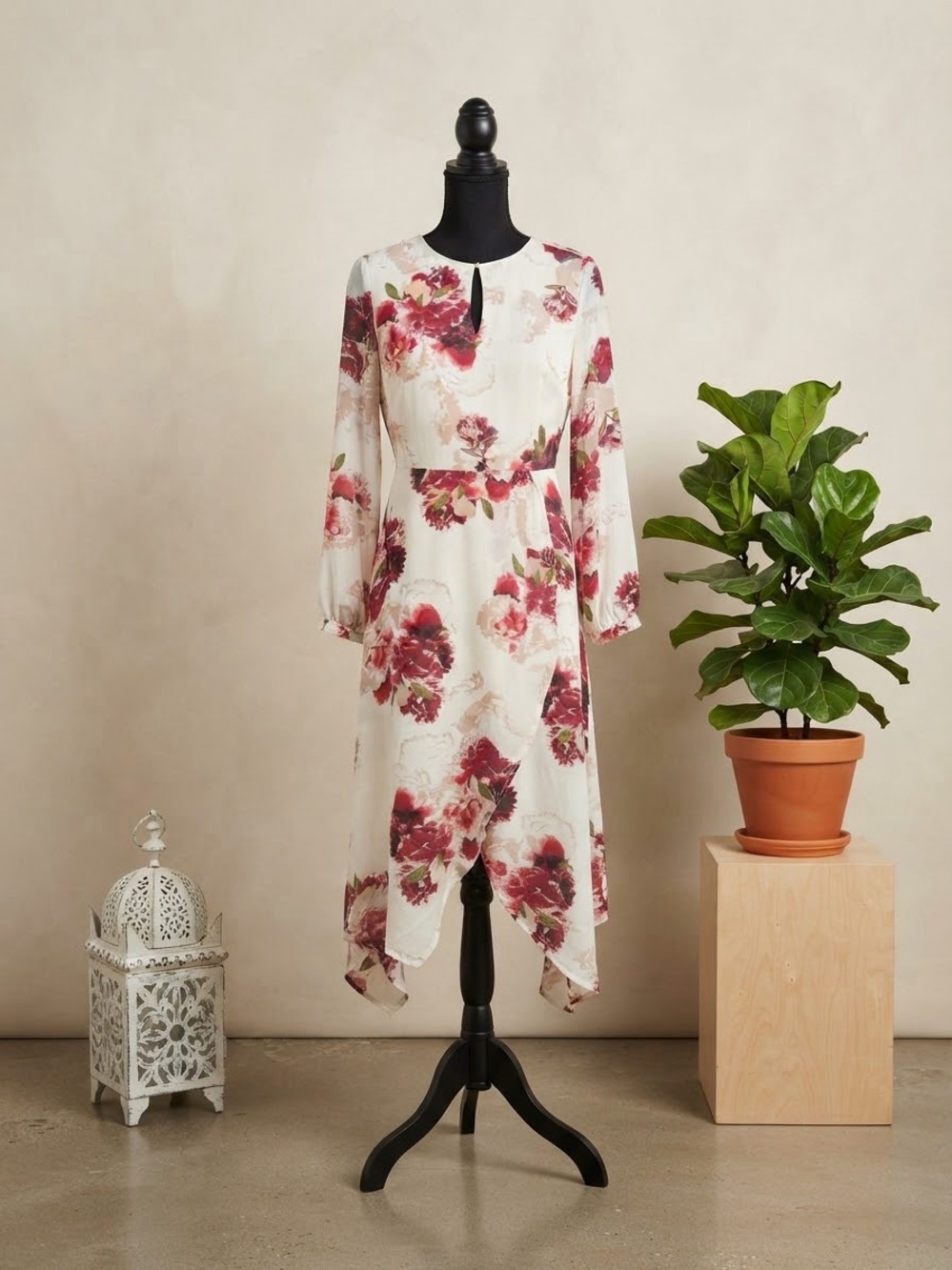 Leith White Dress with Burgundy Floral Print - Long Sleeve Midi